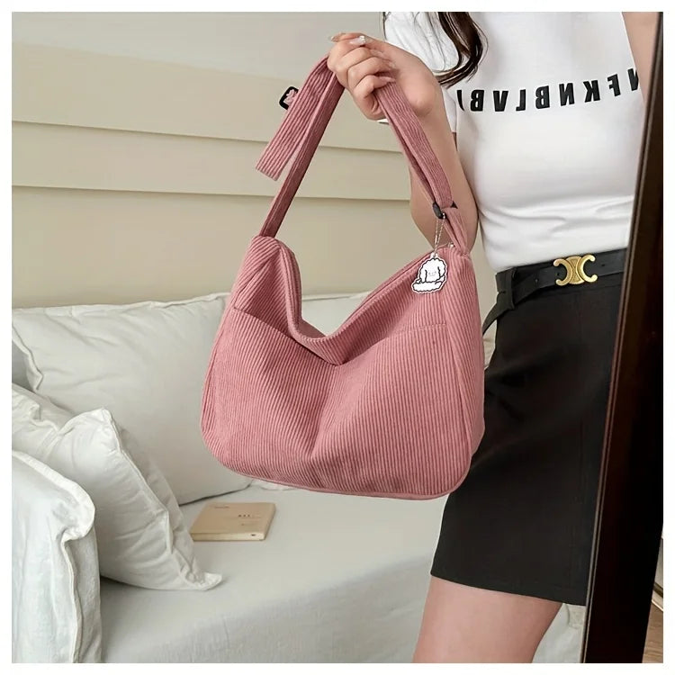 Bolso de hombro de corderoy con bolsillos y cierre