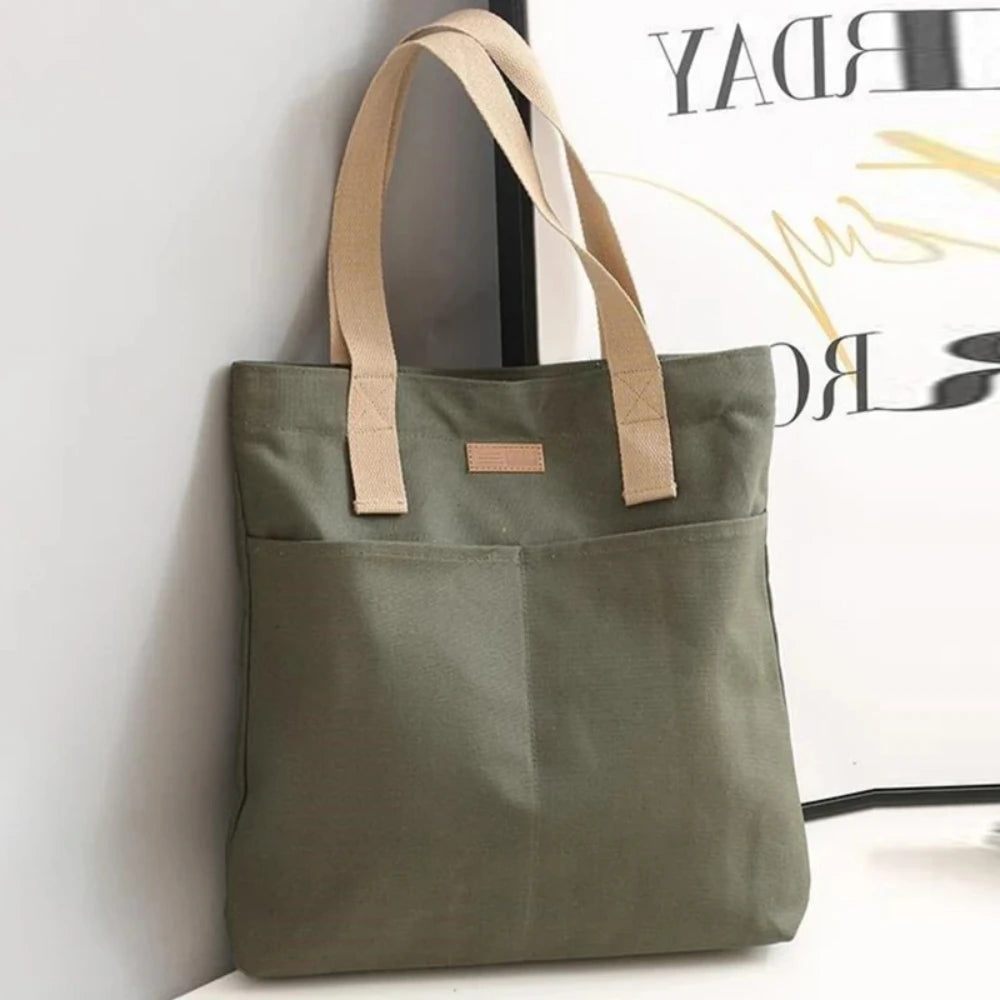 Bolso tote abierto de lona con bolsillo exterior