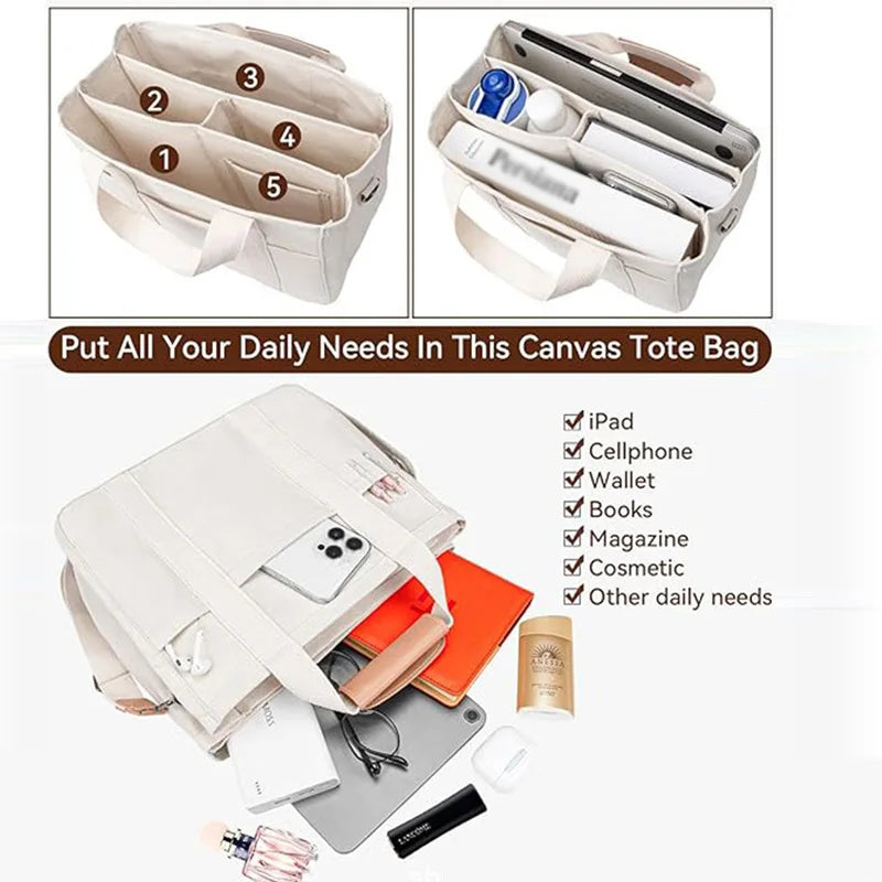 Bolso tote de lona con múltiples bolsillos y correa regulable