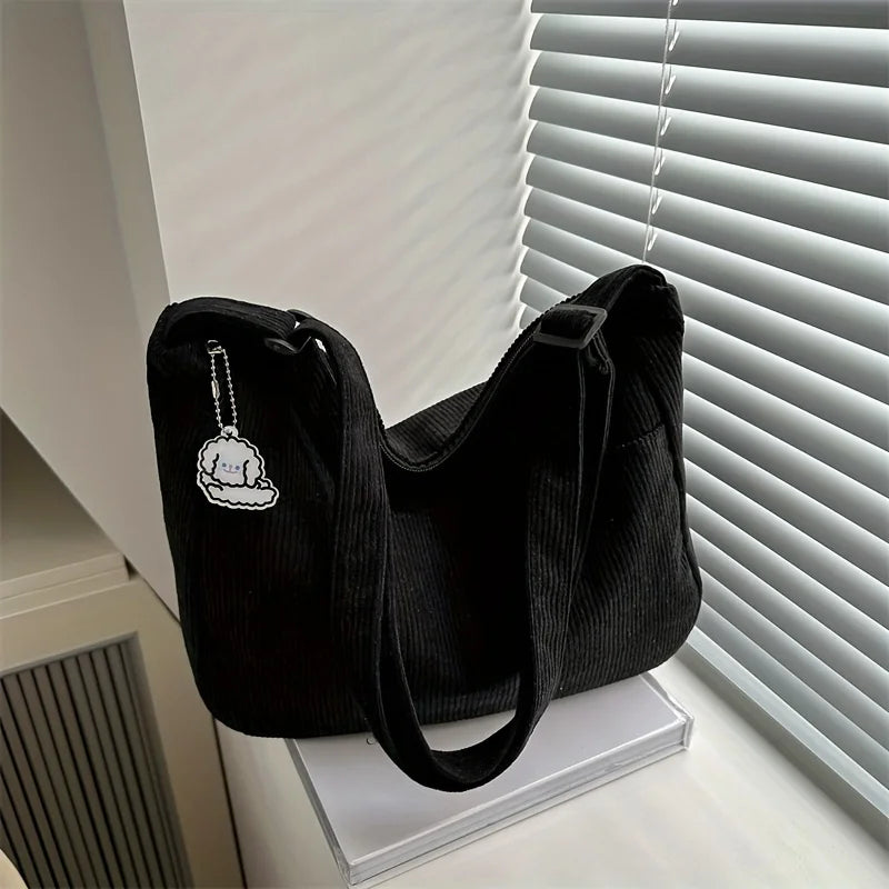 Bolso de hombro de corderoy con bolsillos y cierre