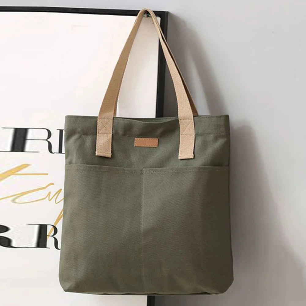 Bolso tote abierto de lona con bolsillo exterior