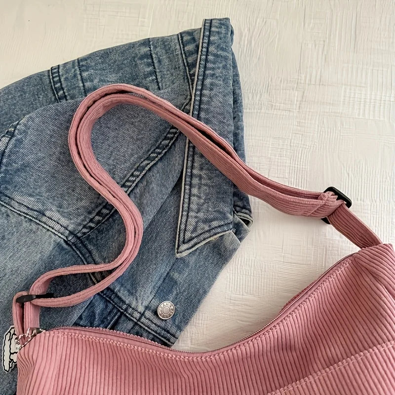 Bolso de hombro de corderoy con bolsillos y cierre