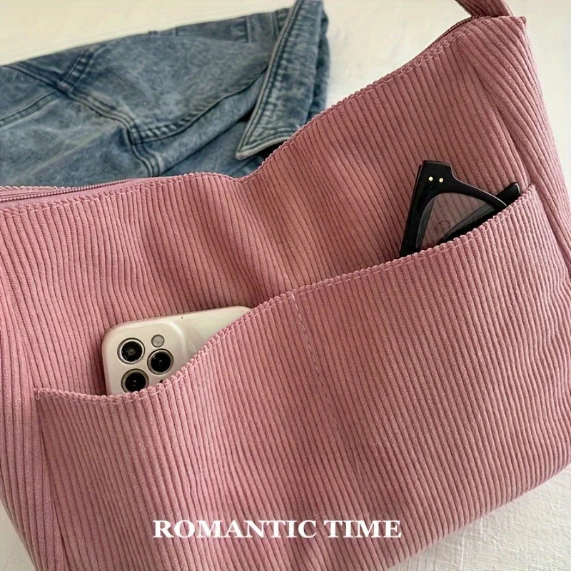 Bolso de hombro de corderoy con bolsillos y cierre