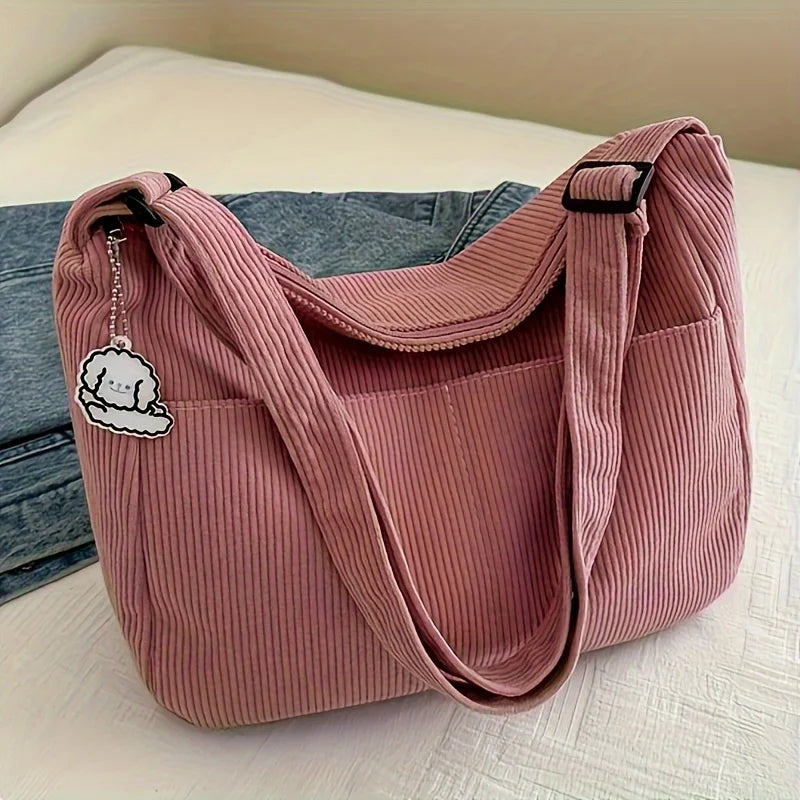 Bolso de hombro de corderoy con bolsillos y cierre