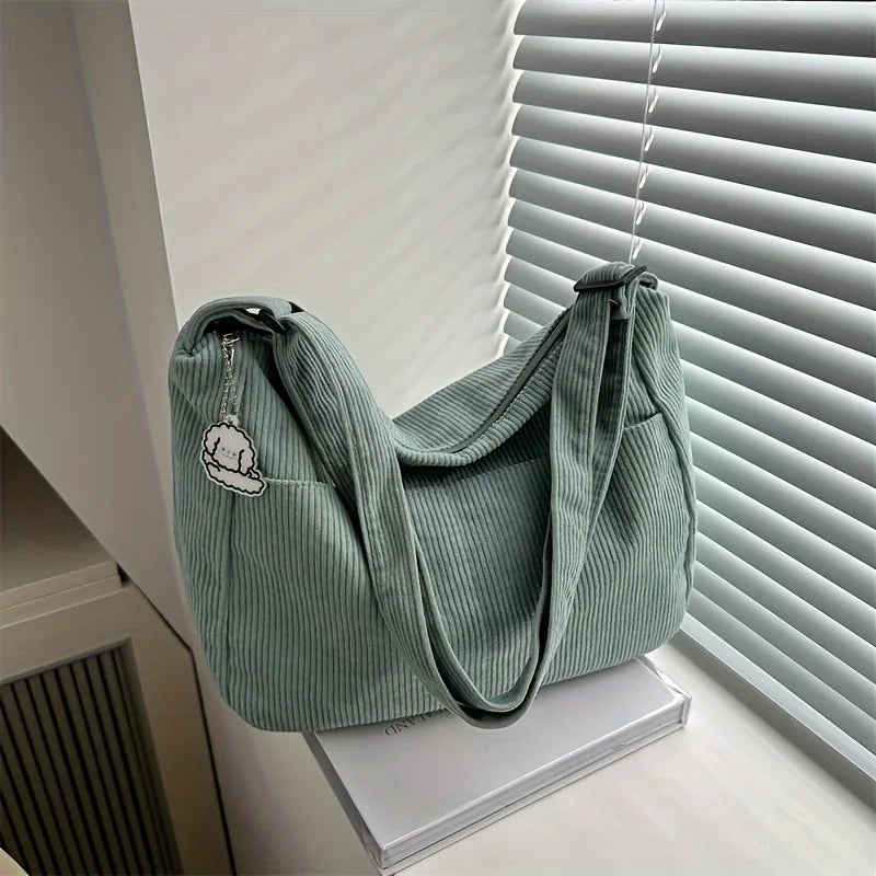 Bolso de hombro de corderoy con bolsillos y cierre