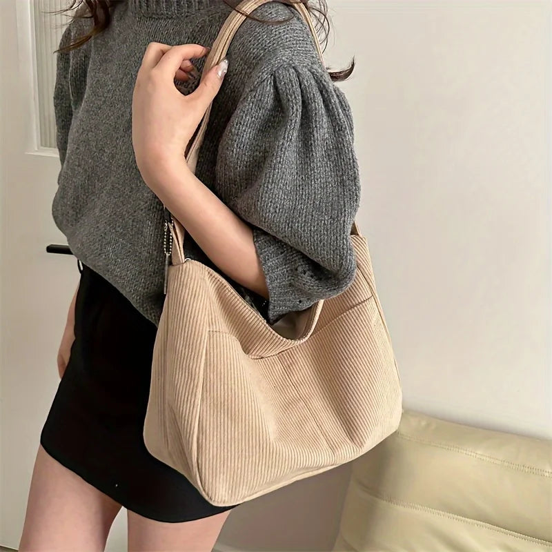 Bolso de hombro de corderoy con bolsillos y cierre