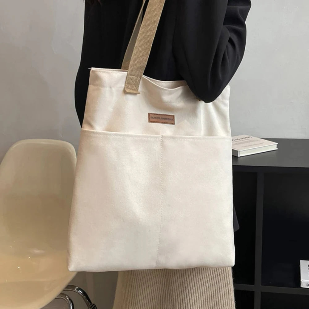 Bolso tote abierto de lona con bolsillo exterior