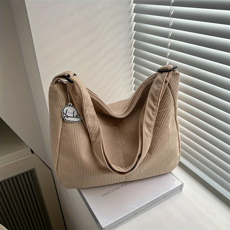 Bolso de hombro de corderoy con bolsillos y cierre