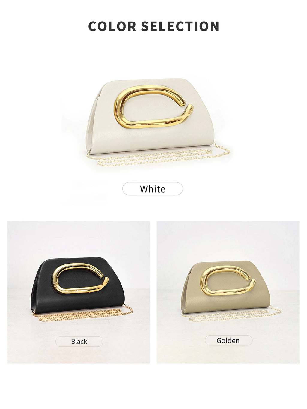 Clutch tipo caja con broche dorado y cadena