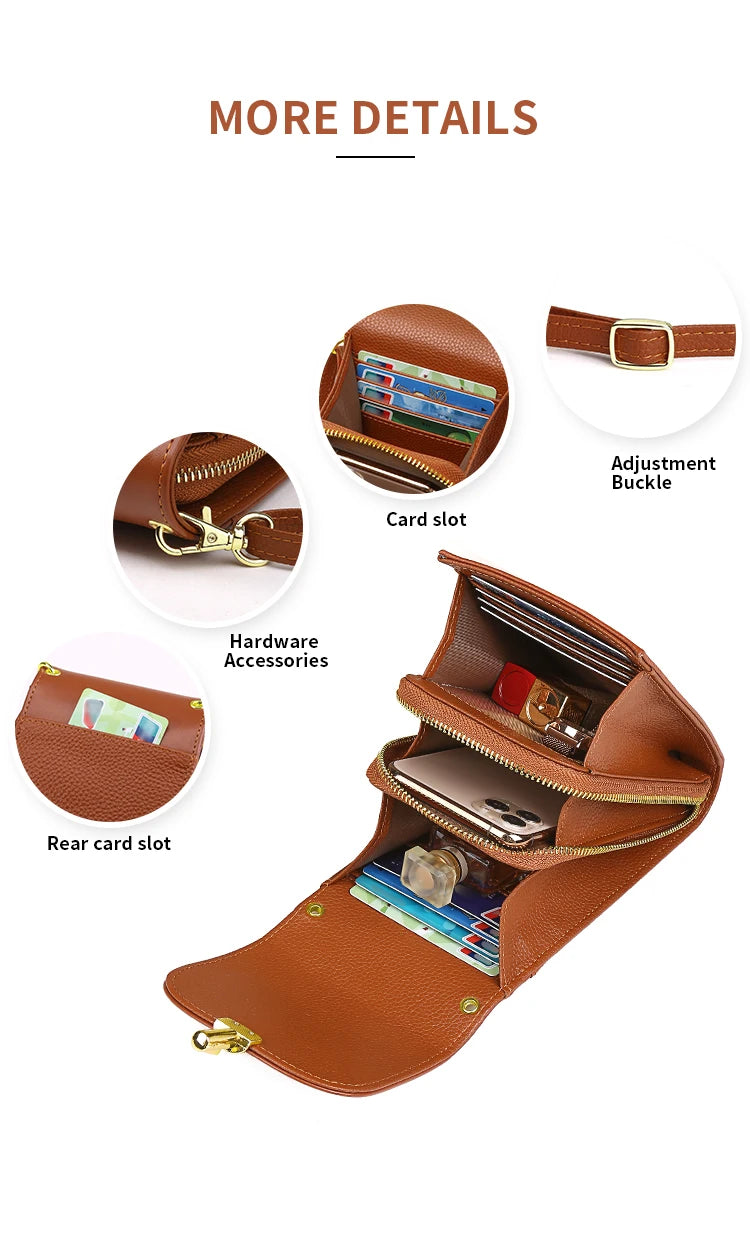 Bandolera portacelular de cuero con ocho tarjeteros