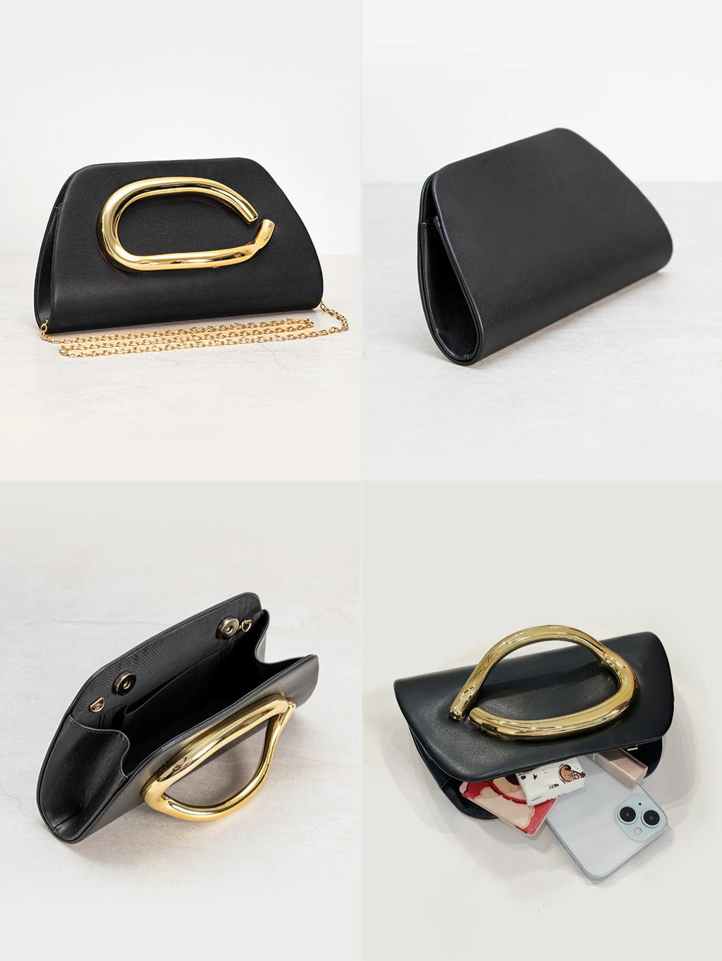 Clutch tipo caja con broche dorado y cadena