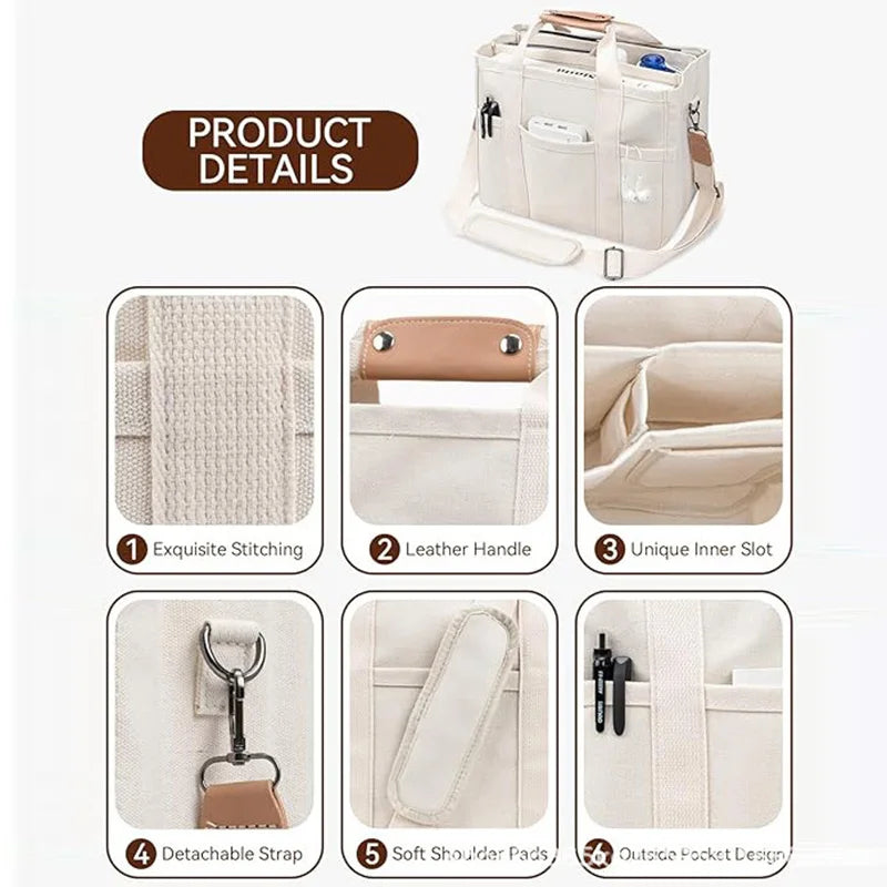 Bolso tote de lona con múltiples bolsillos y correa regulable