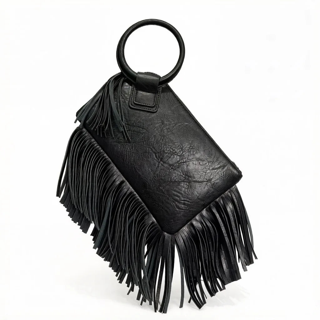 Cartera de mano suave con flecos y cierre