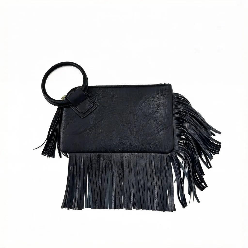 Cartera de mano suave con flecos y cierre