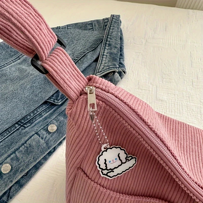 Bolso de hombro de corderoy con bolsillos y cierre
