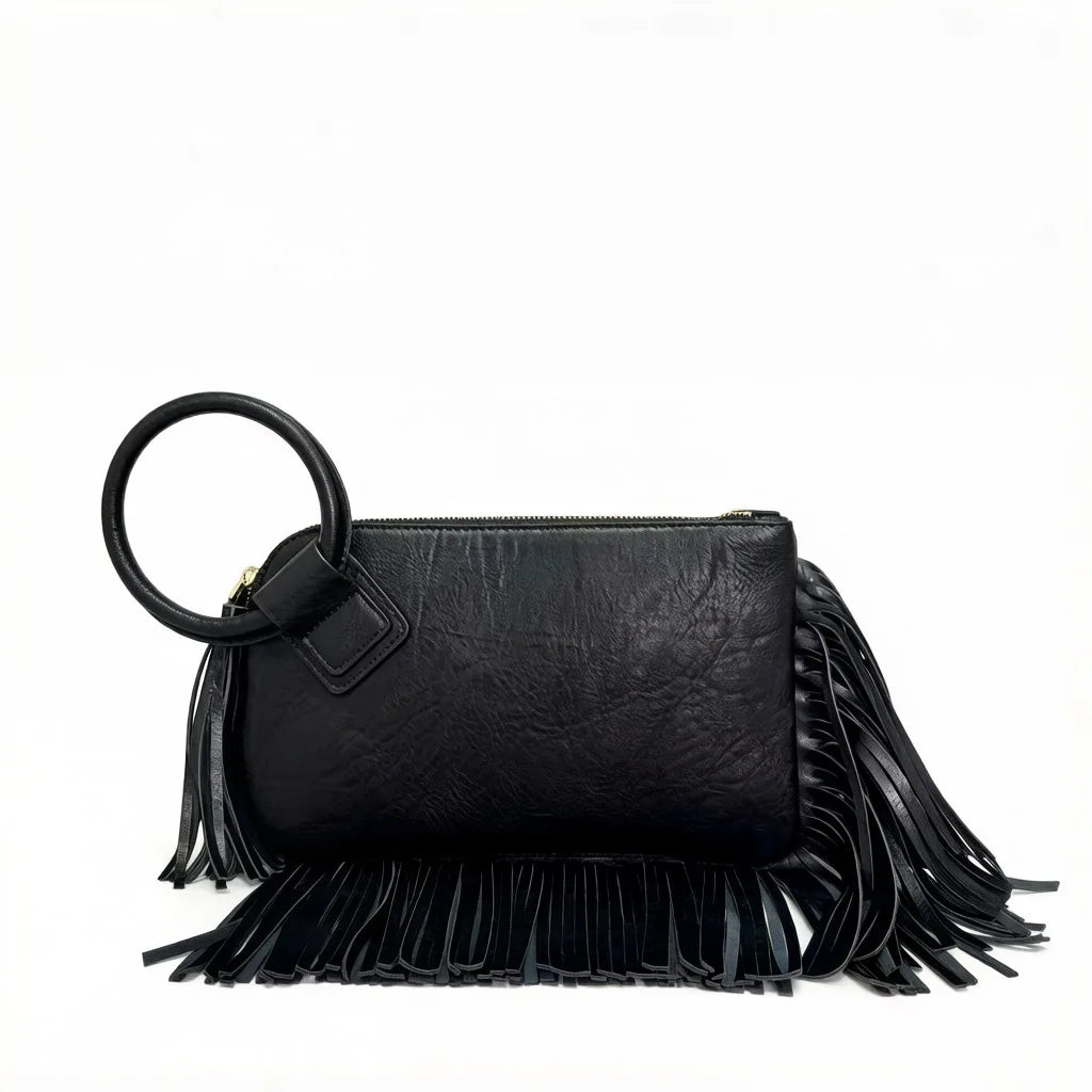 Cartera de mano suave con flecos y cierre