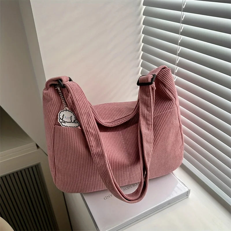 Bolso de hombro de corderoy con bolsillos y cierre