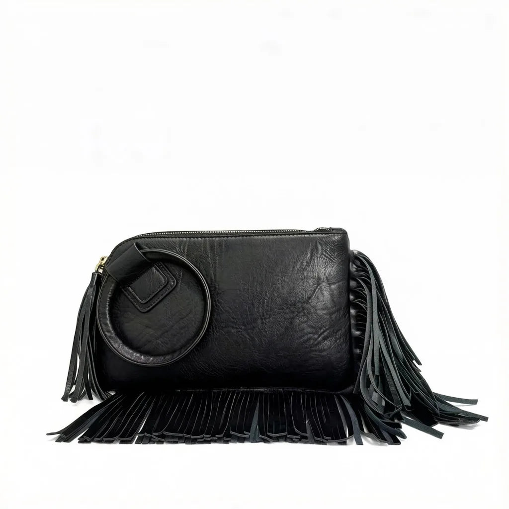 Cartera de mano suave con flecos y cierre